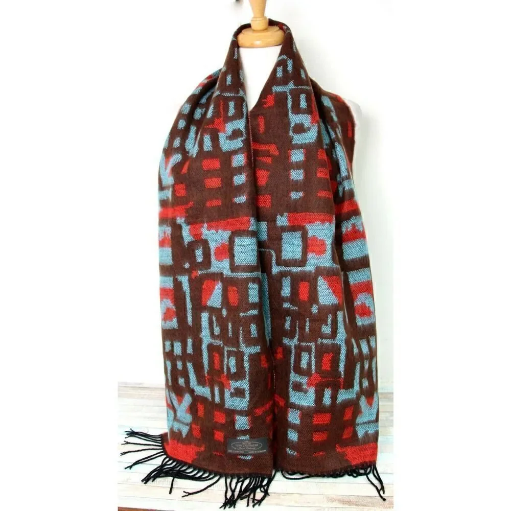GERMANY BROWN RED BLUE 100% CASHMERE FRINGE SOFT WRAP SCARF (F38